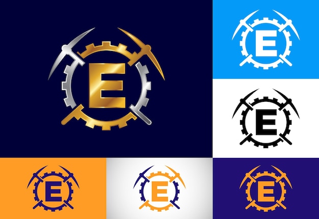 곡괭이와 기어 기호가 있는 초기 E 모노그램 문자 알파벳 마이닝 로고 디자인 개념 마이닝 비즈니스 및 회사 Id를 위한 현대적인 벡터 로고 프리미엄 벡터