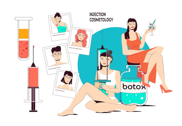 Free vector injection cosmetology flat vector illustration with people having skin problems or improving face with beauty injections
