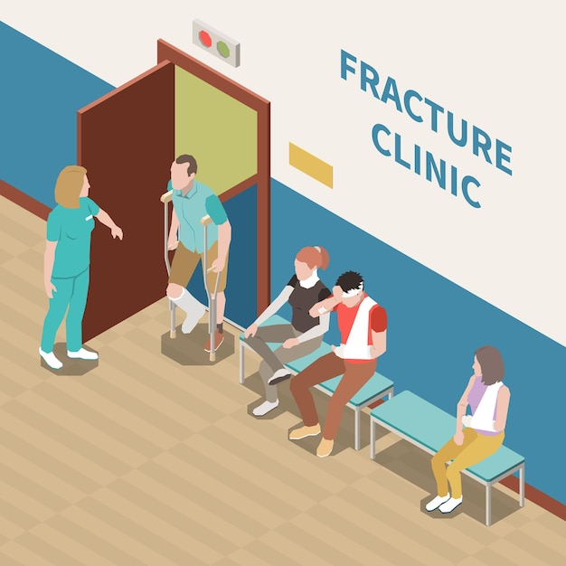 Vettore gratuito persone ferite in attesa nell'illustrazione isometrica 3d della clinica di frattura