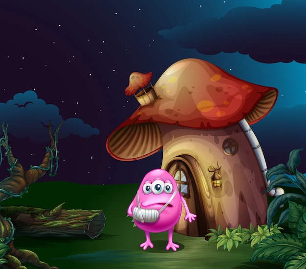 An injured pink monster near the mushroom house
