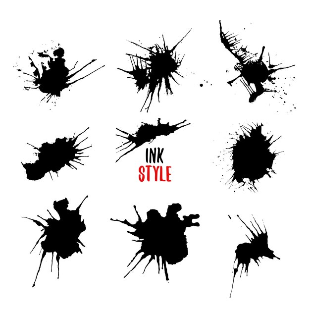 Ink splatters black set.