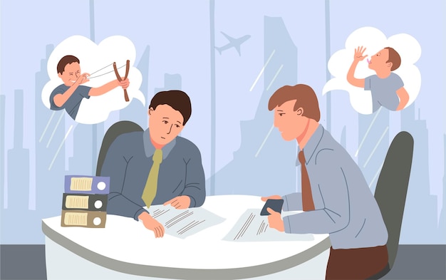 Free vector inner child flat concept with two depressed men at their workplace in office vector illustration