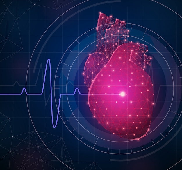 다각형 와이어 프레임 및 심장 기호 현실적인 일러스트와 함께 혁신적인 의학 구성