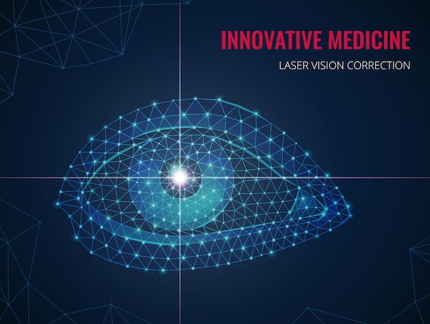 Vettore gratuito medicina innovativa con l'immagine dell'occhio umano in stile poligonale wireframe e pubblicità dell'illustrazione di vettore di correzione della visione laser