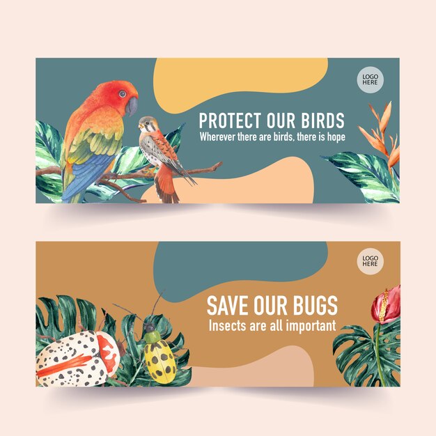 Free vector insect and bird banner with sun conure, monstera, beetle watercolor illustration.