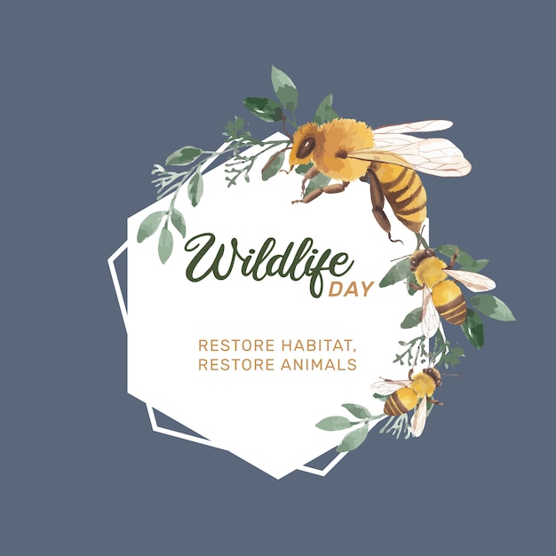 Free vector insect and bird wreath with bee, leaves watercolor illustration.