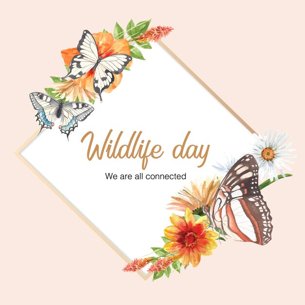 Insect and bird wreath with butterfly and flowers watercolor illustration.