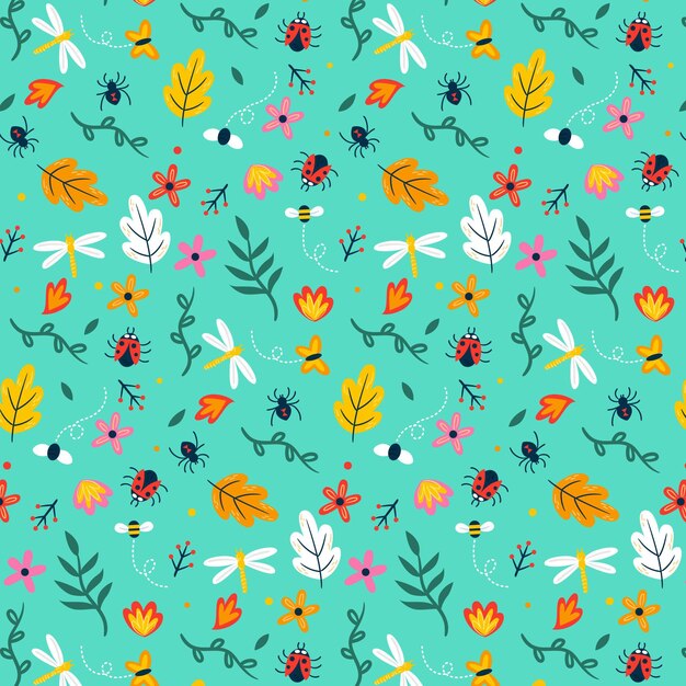 Insects and flowers pattern theme