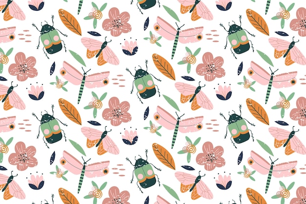Free vector insects and flowers pattern