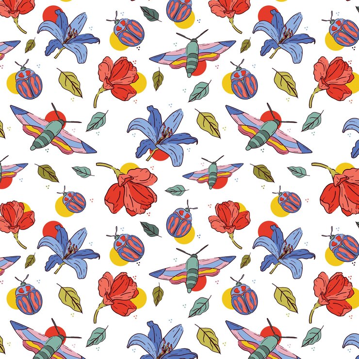 Free Vector insects and flowers pattern