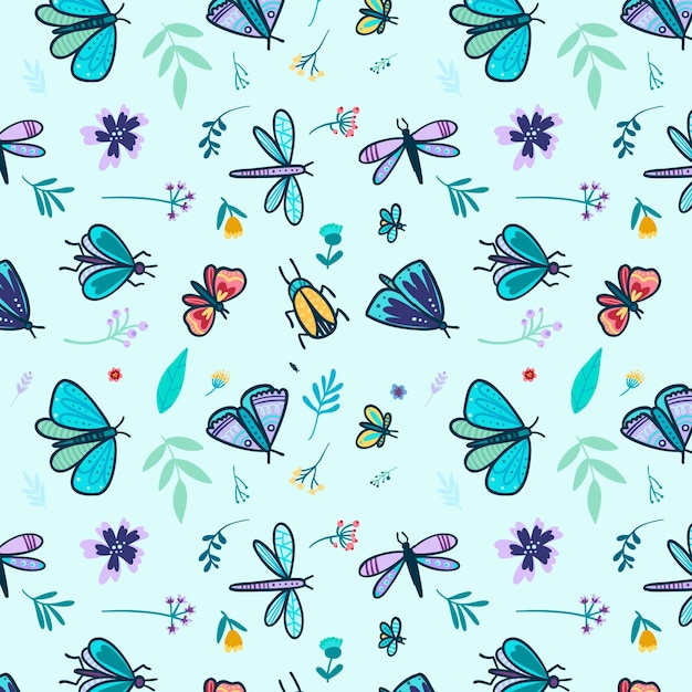 Free vector insects and flowers pattern