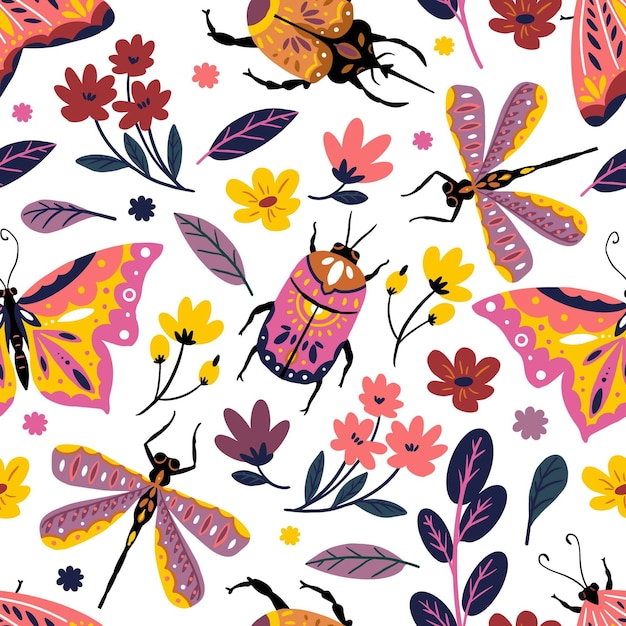 Free vector insects and flowers pattern