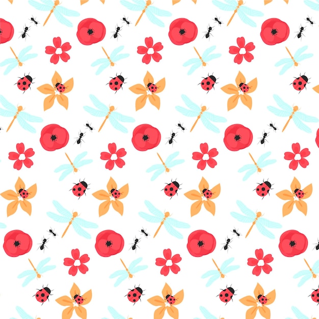 Free vector insects and flowers pattern