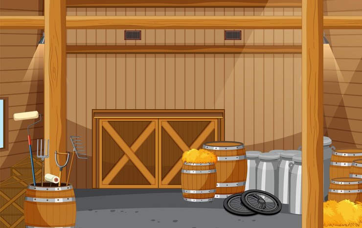 Free Vector inside the barn with hay and milk barrel