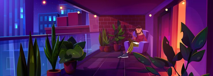 Free Vector inspired young woman writing diary on balcony at night vector cartoon illustration of female character drawing in notebook sitting in armchair on cozy terrace with cityscape view garland lights
