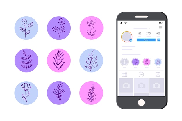 Free vector instagram colorful hand drawn floral stories highlights