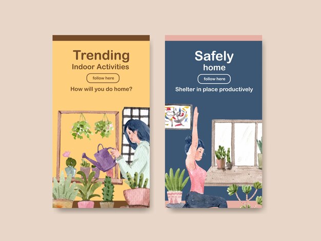 Instagram design stay at home concept with woman in gardening and yoga and interior room watercolor illustration