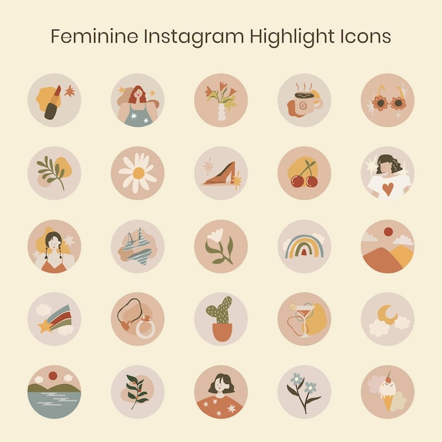 無料ベクター instagramのハイライトカバー、フェミニンなアースカラーのデザインベクトルコレクションのライフスタイルイラスト