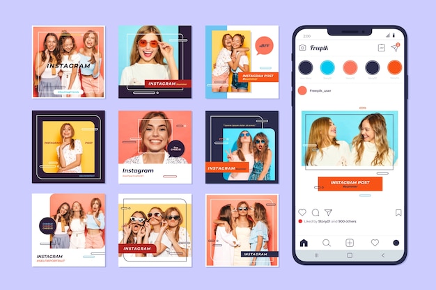 Free vector instagram post collection on mobile phone