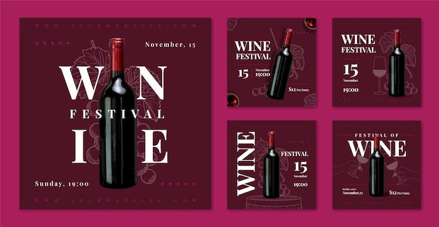 Vettore gratuito modello di post per il festival del vino di instagram