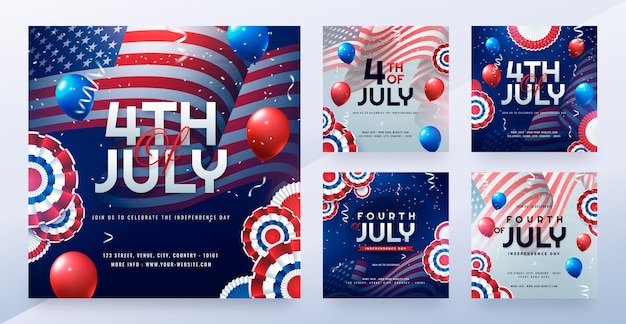 Free vector instagram posts collection for american 4th of july celebration