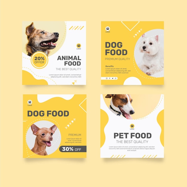 Free vector instagram posts collection for animal food with dog