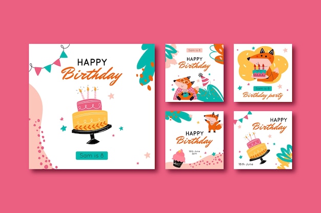 Free vector instagram posts collection for birthday party celebration