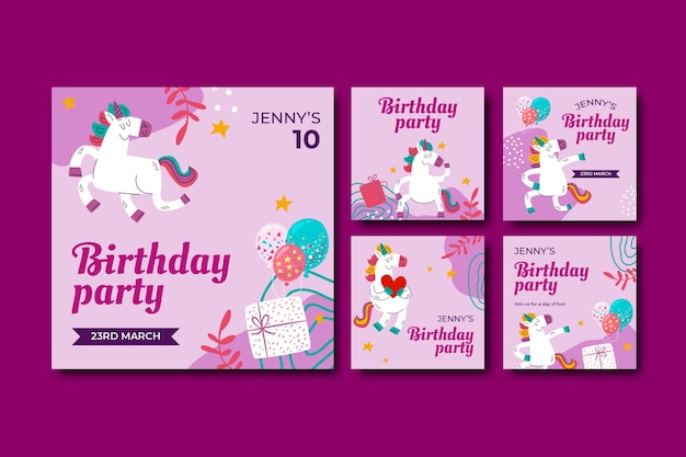Vettore gratuito raccolta di post su instagram per la celebrazione della festa di compleanno