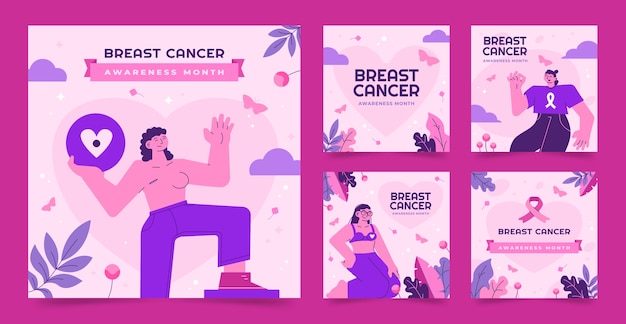 Free vector instagram posts collection for breast cancer awareness month