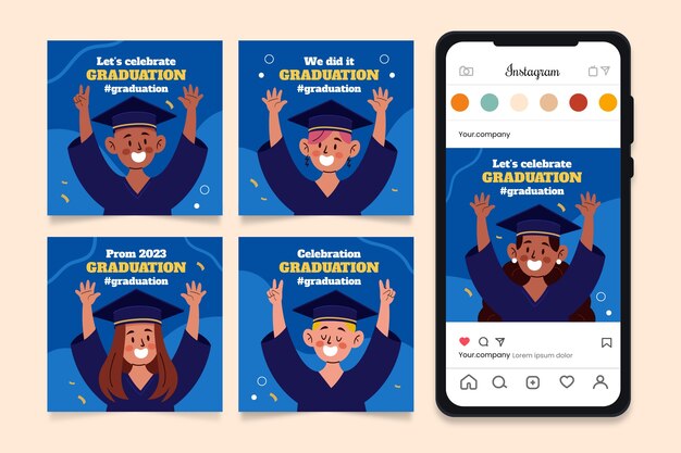 Free vector instagram posts collection for class of 2023 graduation