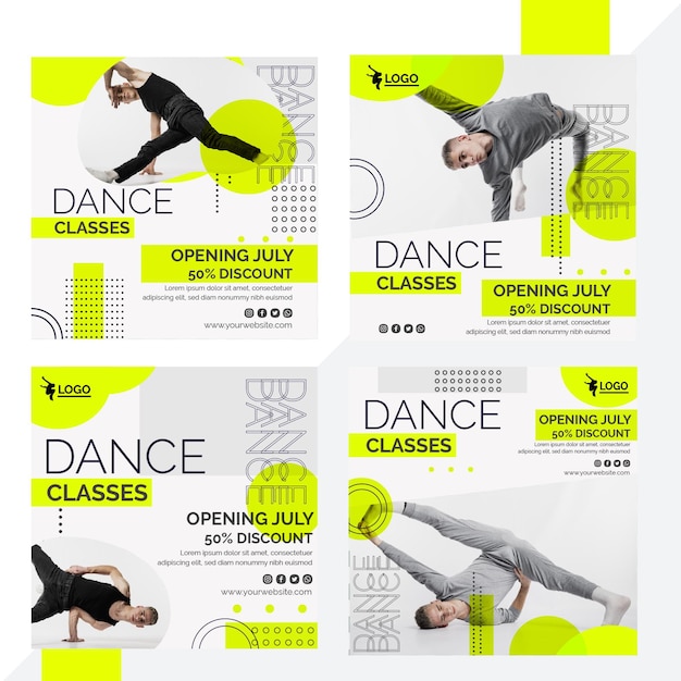 Free vector instagram posts collection for dancing lessons with male performer