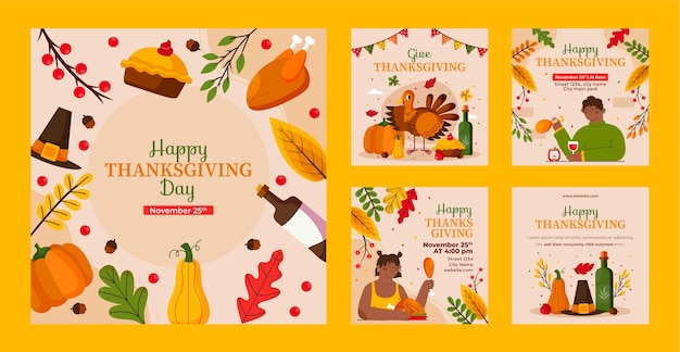 Бесплатное векторное изображение Коллекция постов в instagram для празднования дня благодарения