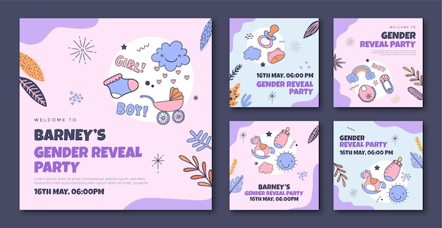 Free vector instagram posts collection for gender reveal party