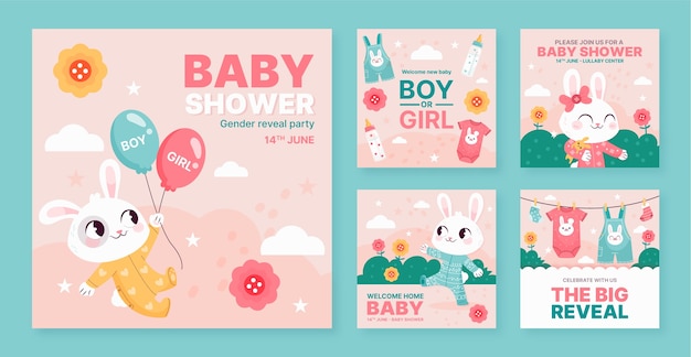 Free vector instagram posts collection for gender reveal party