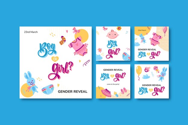 Free vector instagram posts collection for gender reveal party