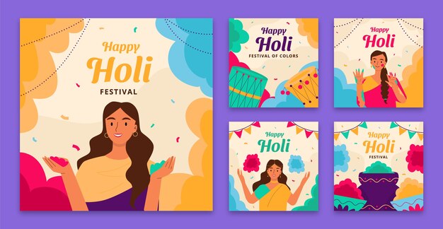 Vettore gratuito raccolta di post su instagram per la celebrazione del festival holi