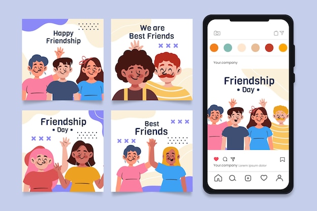 Free vector instagram posts collection for international friendship day celebration