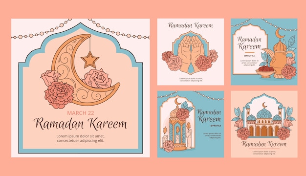 Free vector instagram posts collection for islamic ramadan celebration