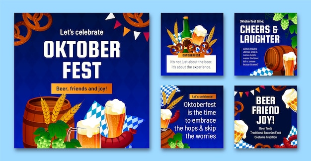 Vettore gratuito raccolta di post su instagram per la celebrazione del festival della birra dell'oktoberfest