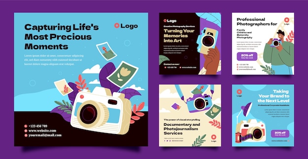 Free vector instagram posts collection for photographer career and hobby