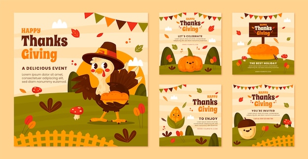 Free vector instagram posts collection for thanksgiving celebration