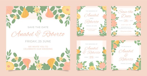 Free vector instagram posts collection for wedding celebration