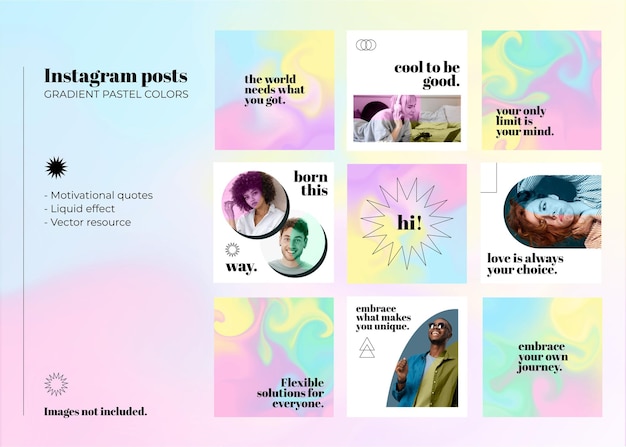 Instagram posts set in pastel colors gradients with liquid effect and minimal style with motivational quotes