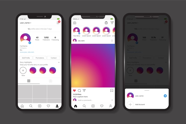 Vettore gratuito modello di interfaccia profilo instagram con cellulare