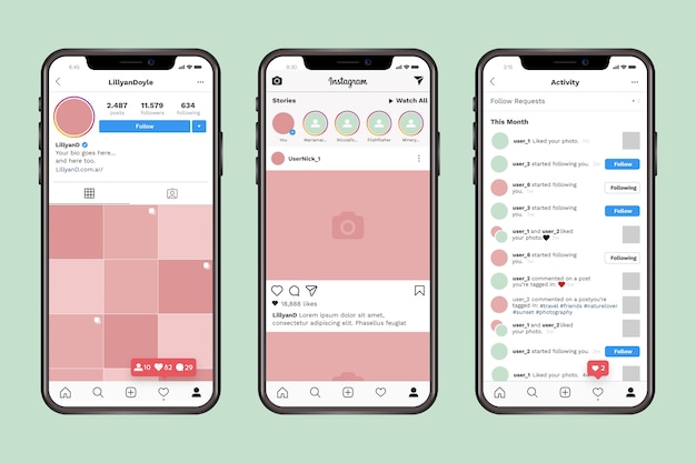 무료 벡터 휴대폰으로 instagram 프로필 인터페이스 템플릿