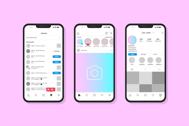 Vettore gratuito modello di interfaccia profilo instagram con cellulare