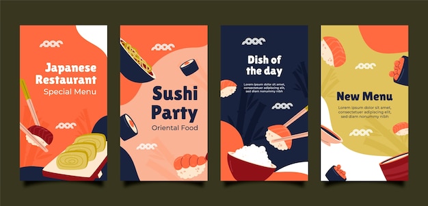 무료 벡터 일본 전통 레스토랑을 위한 인스타그램 스토리 컬렉션