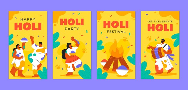 Vettore gratuito raccolta di storie di instagram per la celebrazione del festival di holi