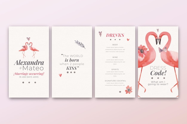 Free vector instagram stories collection for wedding with flamingos