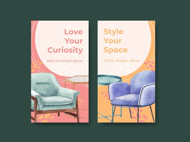 Free vector instagram template set with luxury furniture in watercolor style